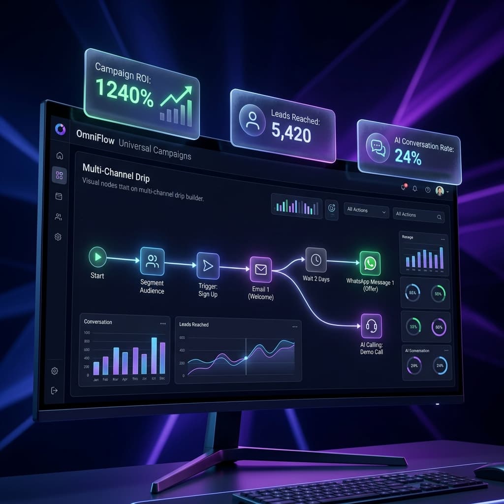 OmniFlow campaign automation dashboard with WhatsApp and AI flows