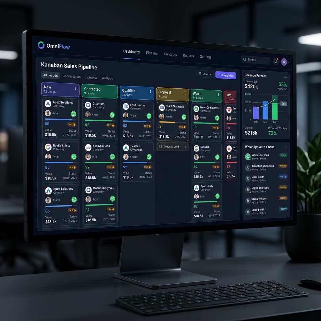 OmniFlow CRM dashboard showing WhatsApp follow-up, lead scoring, and pipeline management